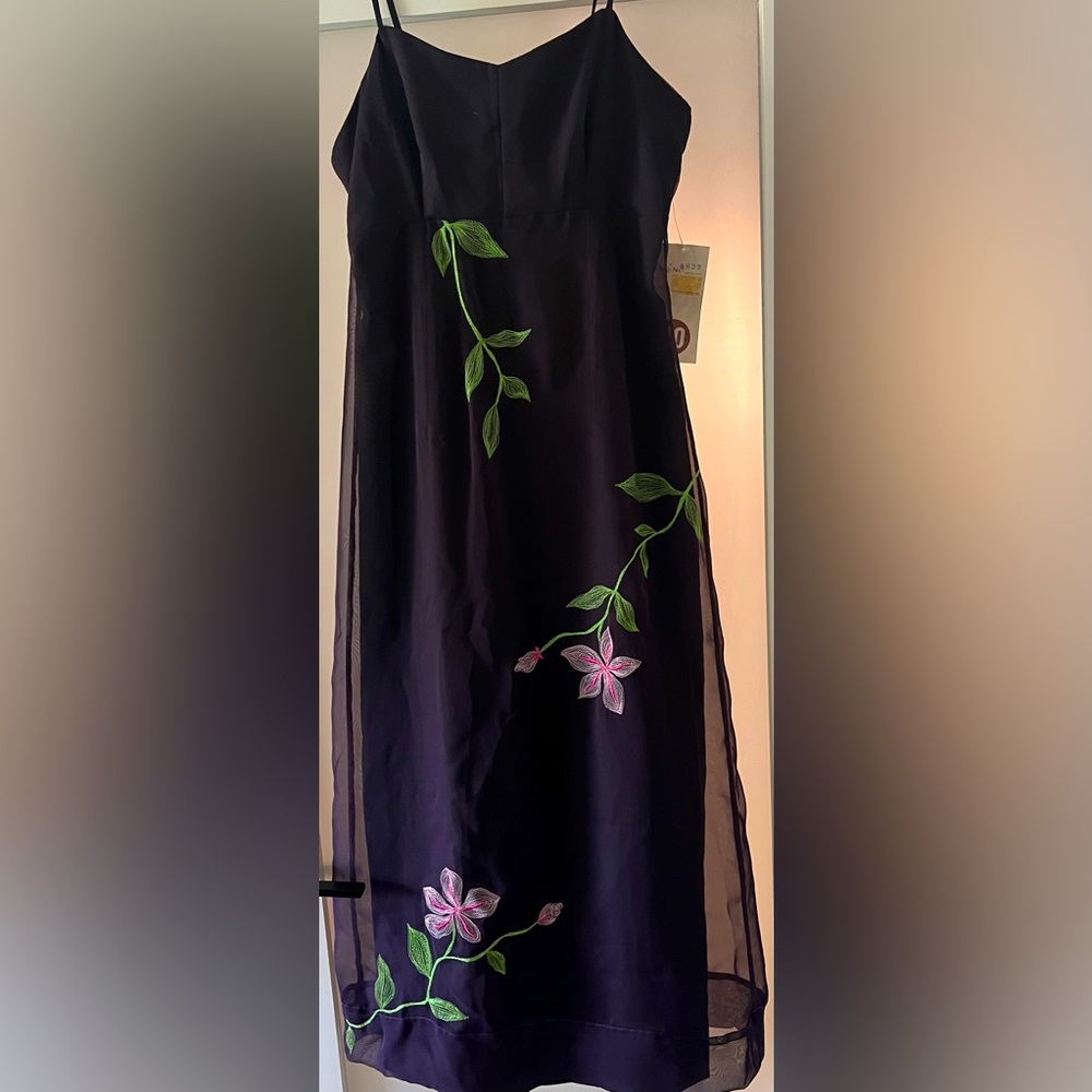 BRAND NEW JM Goulbourn Midi Dress 10 Purple Embroidered Floral Spaghetti Strap